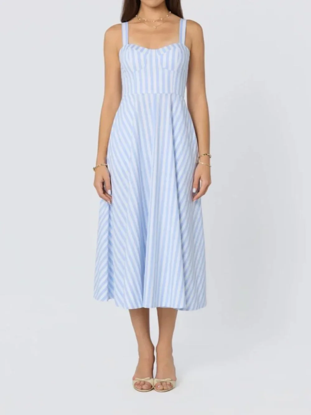 ASTR The Label Isabela Striped Sweetheart Midi Dress Blue Cream Woven Sz L NWOT